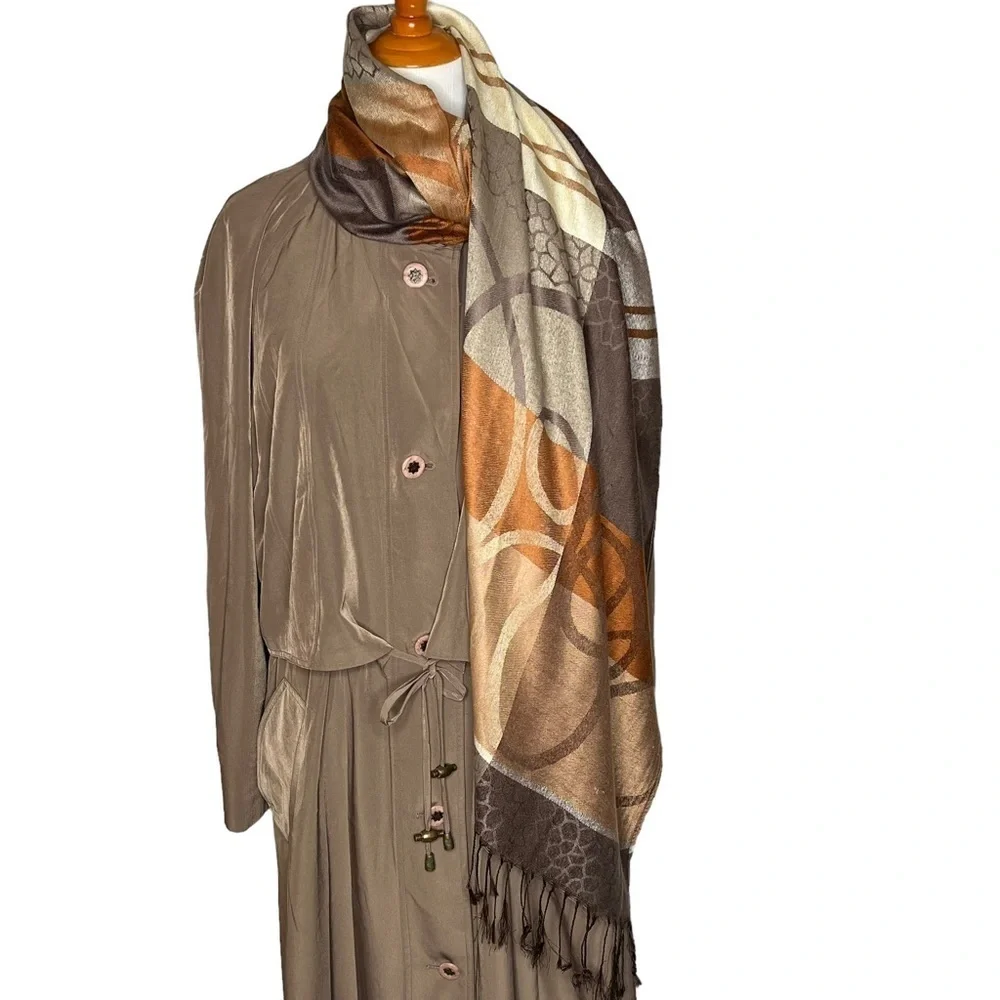 Women’s Brown Neutral Tones Color Block Fringe Faux Cashmere Scarf Shawl Wrap